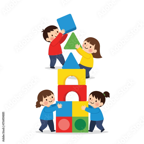 Four diverse children collaborating to build a colorful block tower, showcasing teamwork and early childhood development.