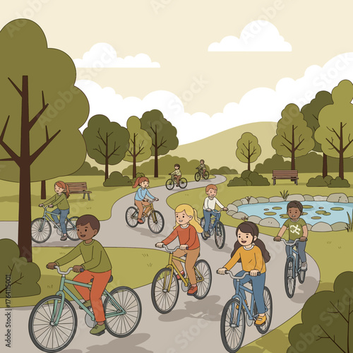 A diverse group of children happily riding bicycles along a paved path in a scenic park on a sunny day.