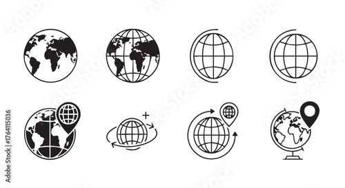 Black and white globe icons showing various global perspectives