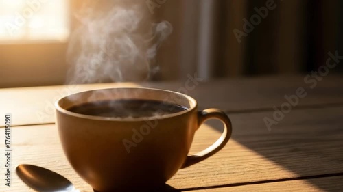 Steaming cup of coffee on a wooden table with sunlight shining through window
