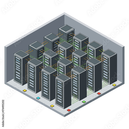 Isometric illustration of a modern data center server room.