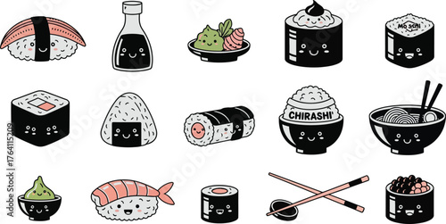 Kawaii sushi and japanese food illustration vector design set