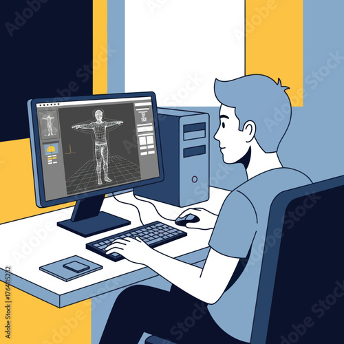 Male 3D artist designing a human character model on a desktop computer.