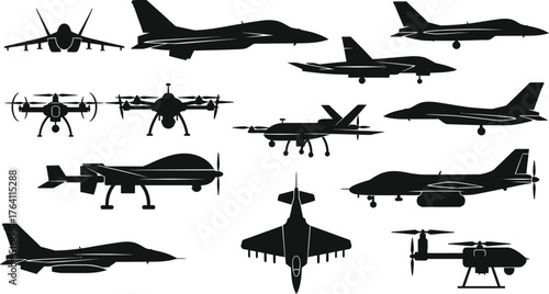 Aircraft silhouette vector set of military and commercial aviation
