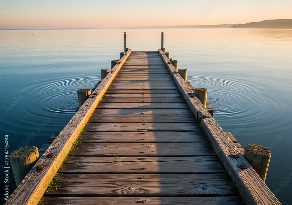 Obraz premium A wooden pier stretches into calm water under a serene, pastel-colored sky, reflecting the soft light of dawn or dusk.