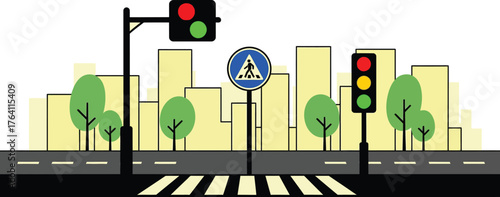 Pedestrian crossing safety illustration with traffic lights and signs