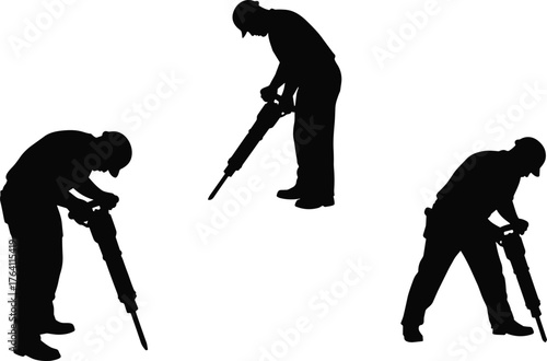 Construction worker silhouette operating jackhammer, industrial demolition labor, heavy equipment vibration tool, occupational safety posture, urban building site illustration