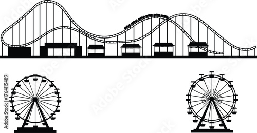 Roller coaster and ferris wheel silhouette, amusement park ride design, carnival entertainment vector, funfair attraction illustration, adventure and leisure concept