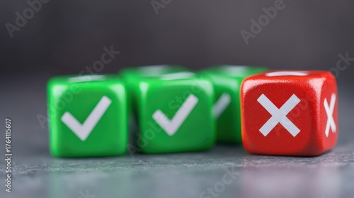 A close-up of dice showing green checkmarks and a red cross, symbolizing approval and disapproval, often used in decision-making contexts.