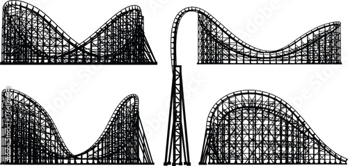 Roller coaster silhouette collection with looping tracks, vector amusement park rides illustration for funfair design, entertainment logo, and thrill attraction
