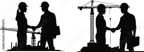 Construction workers handshake silhouette, teamwork collaboration, site agreement illustration, safety helmet partnership, building project deal, engineering cooperation success concept
