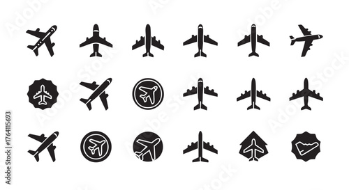 Aircraft icon set in black and white airplane symbol collection