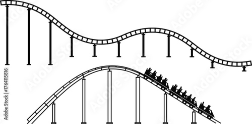 Roller coaster with steep drops and riders in motion, thrilling amusement park ride, fun adventure, excitement, speed, adrenaline, outdoor entertainment
