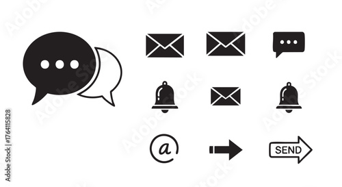 Black and white speech bubbles communication icon minimalist graphic element