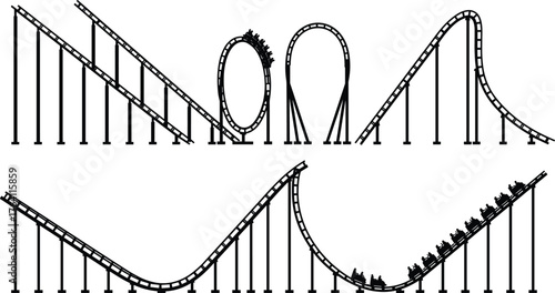 Roller coaster silhouette vector with loops, drops, and thrill ride design for amusement park, entertainment, adventure, and fun illustration