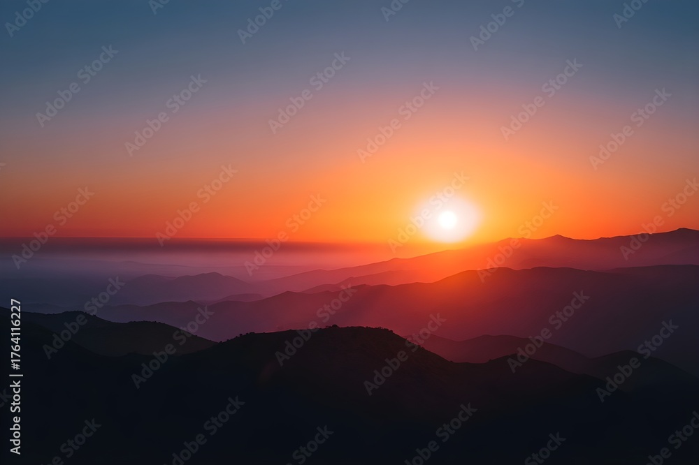 Fototapeta premium Sun Setting Behind Distant Mountain Range Layers Sunset Landscape Scenic Mountain Silhouette Natural Beauty