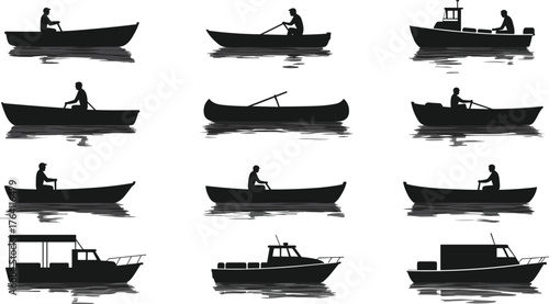 Silhouette collection of people rowing boats and motorboats on calm water, fishing, transportation, nautical lifestyle, marine travel vector illustration