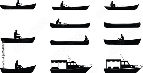 Silhouette set of people rowing small boats and motorboats on water, fishing, travel, adventure, transportation, nautical lifestyle illustration