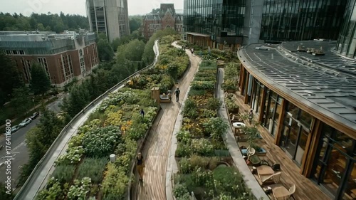 Rooftop garden path winding through urban landscape
