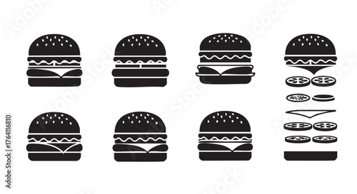 Burger icons collection in black and white for restaurant menu