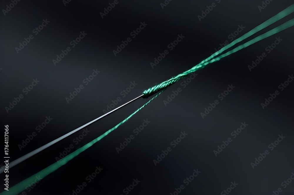 Fototapeta premium Single Needle Threading Through Emerald Green Thread Macro Shot Sewing Craft Close-up Detail Photography