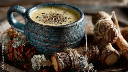 Rustic cup of spiced drink with herbs on wooden tray