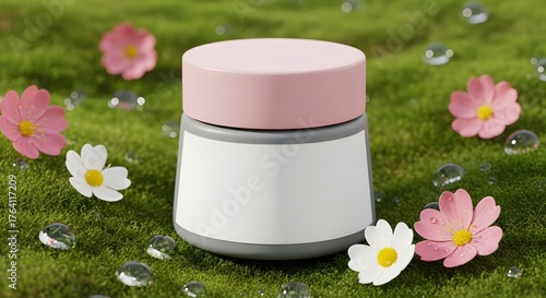 Natural Skincare Cream Jar with Blank Label Surrounded by Fresh Moss and Tiny Flowers