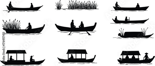 Traditional Asian fishing boats on river with people rowing, village lifestyle silhouette, rural transportation, watercraft illustration, cultural travel concept