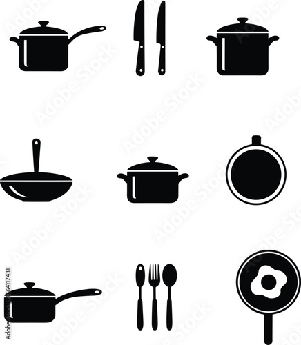 Kitchen utensil icon set, cooking pot pan illustration, cutlery silhouette design, frying pan with egg, culinary tools artwork, food preparation symbols