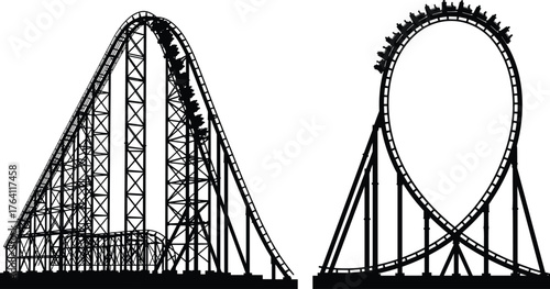 Tall roller coaster with vertical loop and steep drop, thrilling amusement park ride, adventure attraction, speed, excitement, adrenaline, outdoor entertainment, fun