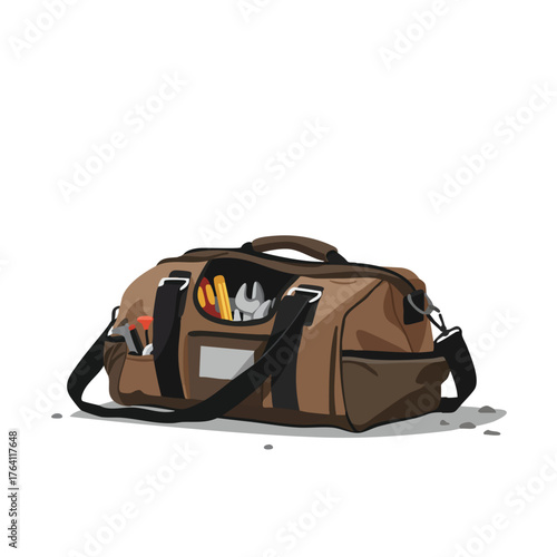 Brown Canvas Tool Bag with Tools.