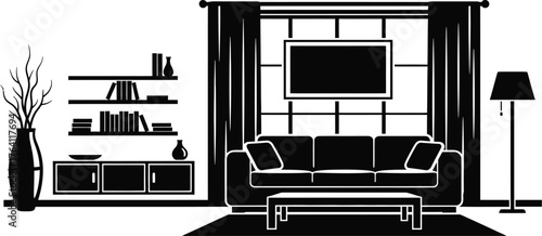 Black and white living room interior design vector illustration