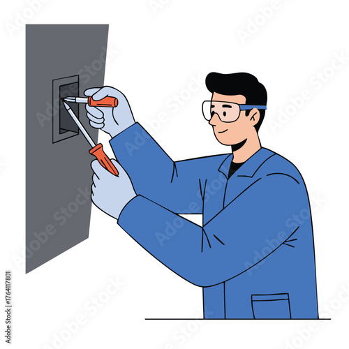 Electrician working on electrical panel with tools.