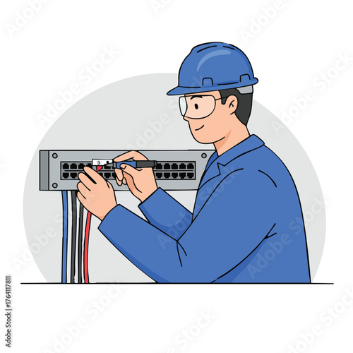 Electrician working on network switch with cables.