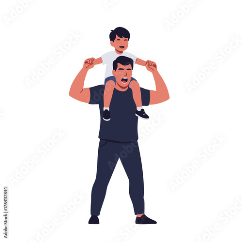 Father carrying son on shoulders.