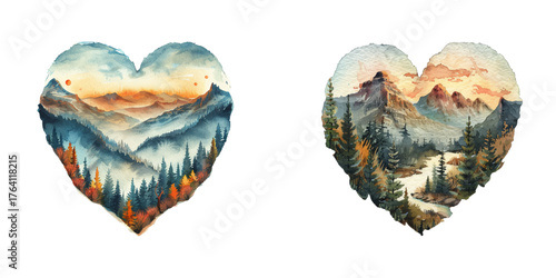 heart shape mountain lanscape view watercolor vector illustration