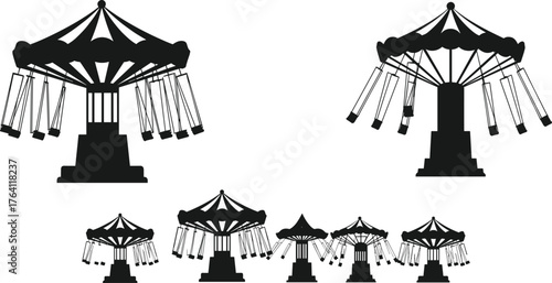 Vintage amusement park swing ride silhouettes, retro carousel attraction collection, black fairground chair swing illustration, classic carnival spinning ride design art