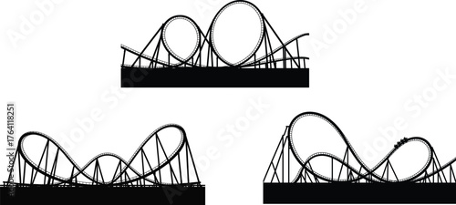 Roller coaster silhouettes, amusement park rides, looping tracks, thrill attractions, carnival fun, theme park entertainment, fairground, adrenaline, leisure, recreation
