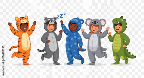Group of Cheerful Kids in Animal Onesie Pajamas - Childhood Play & Sleepwear Illustration