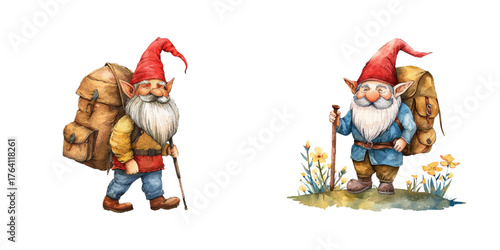 hiking gnome watercolor vector illustration