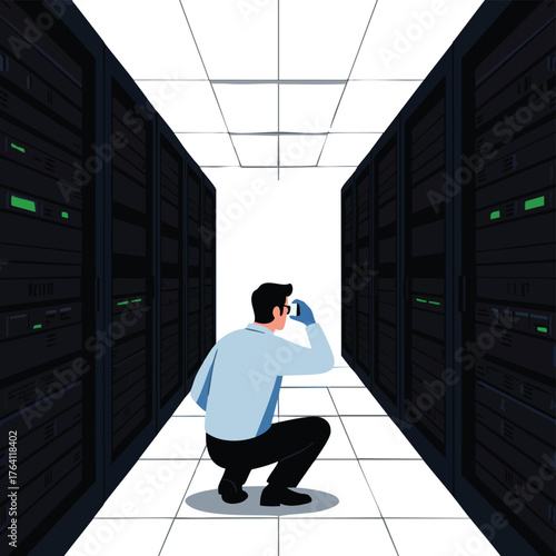 IT technician inspecting servers in a data center.