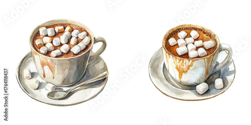 hot chocolate with marshmallow watercolor vector illustration