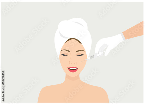 Doctor in medical gloves with syringe injects fillers and botox for rejuvenating wrinkle and anti aging non surgical mesotherapy treatment for face vector illustration	