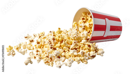 Popcorn and Overturned Paper Popcorn Bucket, Isolated on Transparent Background, High Quality Photo