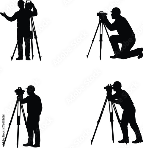 Surveyor silhouette operating theodolite, land measurement worker, construction site mapping, civil engineering equipment, geodetic instrument posture, tripod total station illustration