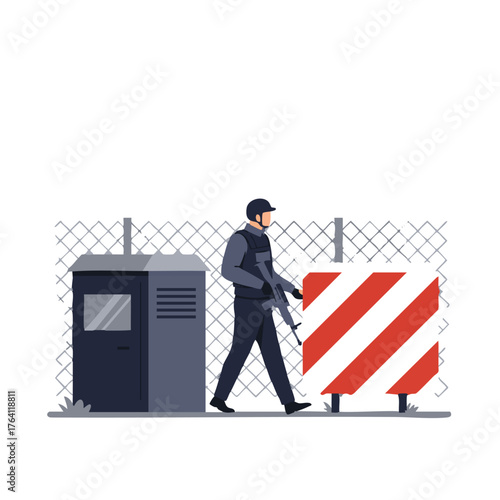 Security guard patrolling a checkpoint with a rifle.