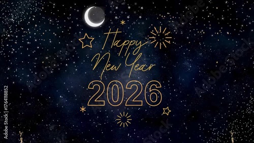 Elegant New Year 2026 Greeting with Glowing Stars and Crescent Moon