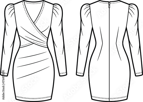 Technical fashion flat sketch of women’s wrap dress, puff sleeves, ruched draping, fitted silhouette, asymmetrical skirt, garment construction illustration design