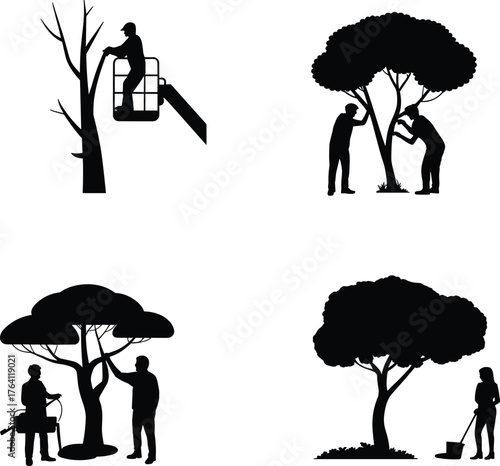 Tree care worker silhouettes, pruning branches, chainsaw cutting, planting trees, arborist maintenance, gardening, forestry, landscaping, environment, outdoor labor, teamwork