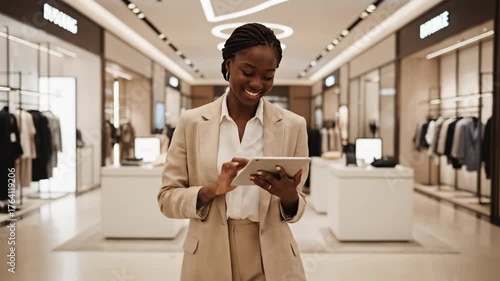 Happy woman shopping in modern retail store with tablet device